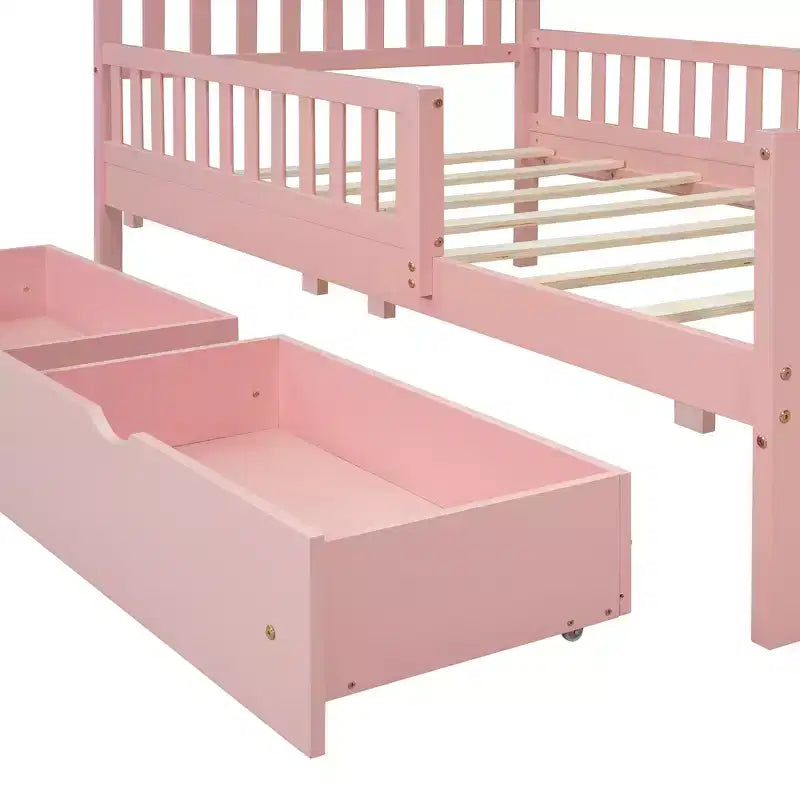 Lit jumeau en bois avec barrières de sécurité et 2 tiroirs de rangement – Rose