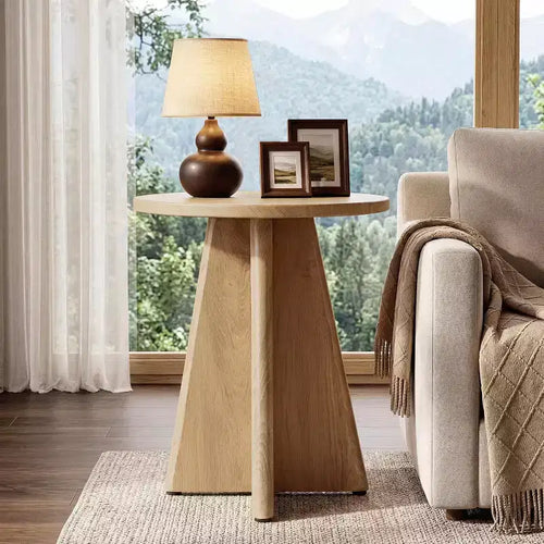 Lantine Round End Table, 19.7 Wooden Couch Side Table, Farmhouse Accent Table for Living Room, Bedroom, Small Spaces