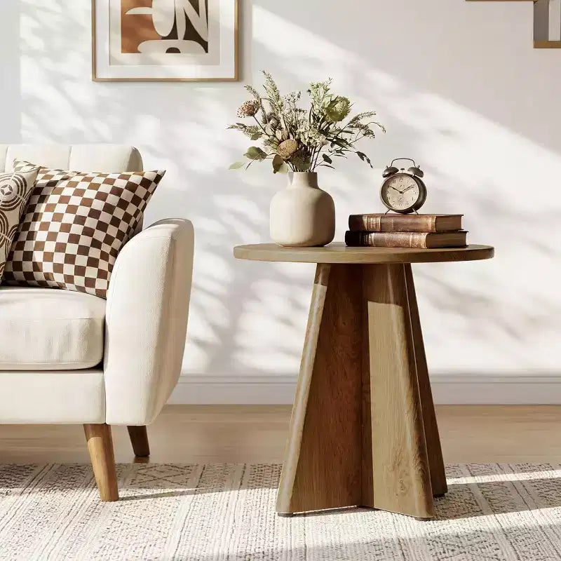 Table d'appoint de style rustique, ronde (49,5 cm) – Piètement sculptural, Chêne clair, Petits espaces