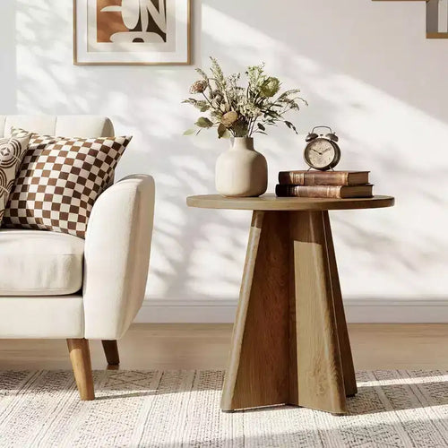 Table d'appoint de style rustique, ronde (49,5 cm) – Piètement sculptural, Chêne clair, Petits espaces