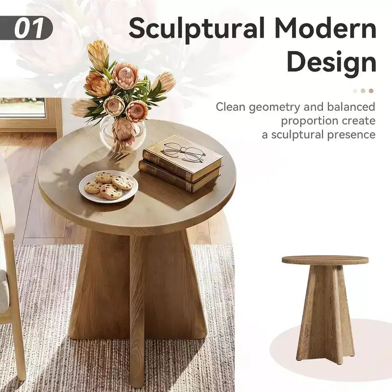 Table d'appoint de style rustique, ronde (49,5 cm) – Piètement sculptural, Chêne clair, Petits espaces
