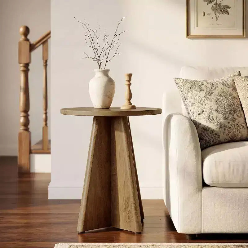 Table d'appoint de style rustique, ronde (49,5 cm) – Piètement sculptural, Chêne clair, Petits espaces