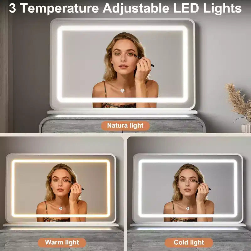 Coiffeuse avec miroir lumineux de 94 cm – 2 tiroirs et rangement de bureau, Gris