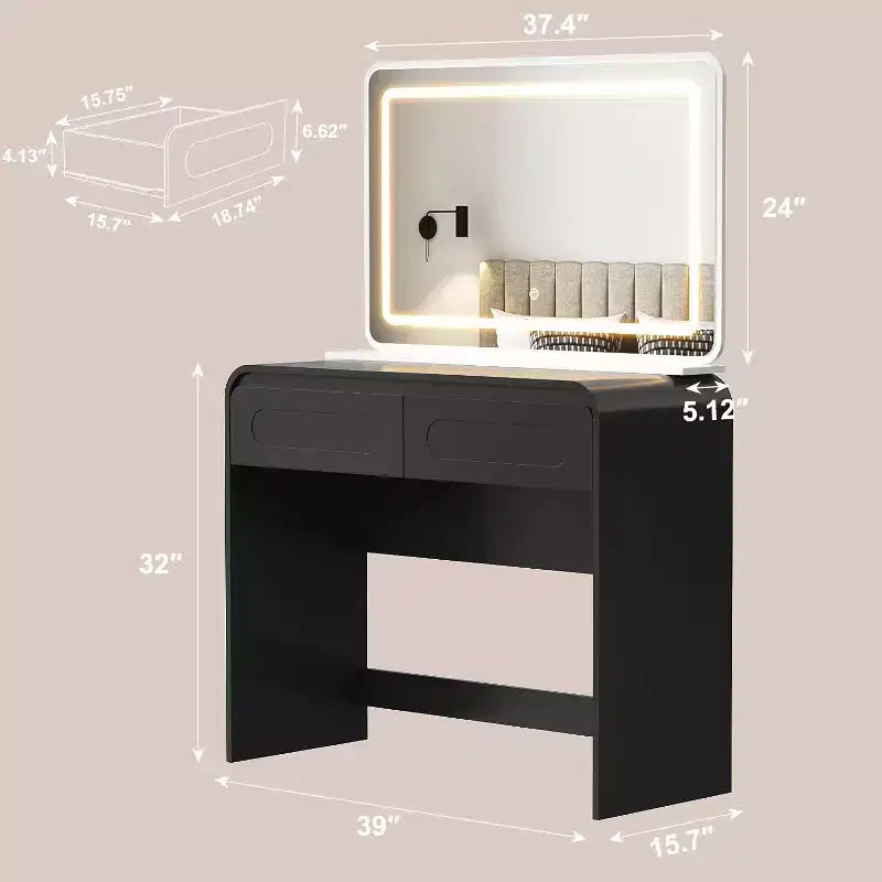 Coiffeuse avec miroir lumineux de 94 cm – 2 tiroirs et rangement de bureau, Gris