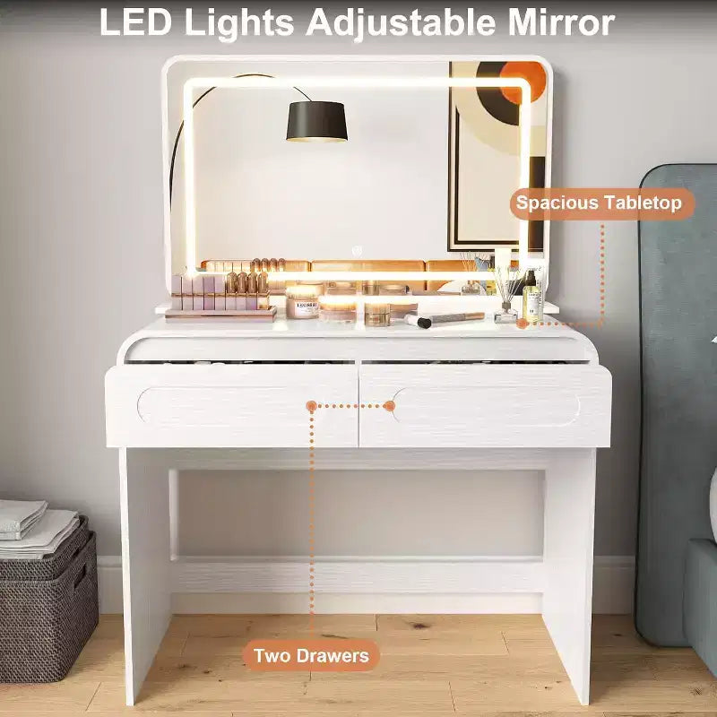 Coiffeuse avec miroir lumineux de 94 cm – 2 tiroirs et rangement de bureau, Gris