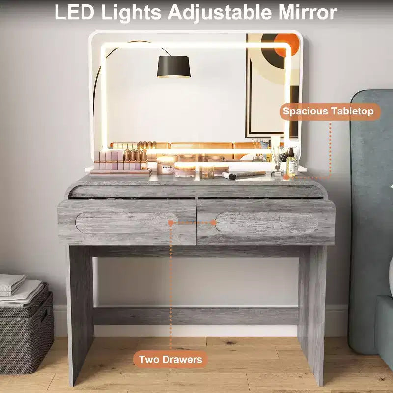 Coiffeuse avec miroir lumineux de 94 cm – 2 tiroirs et rangement de bureau, Gris