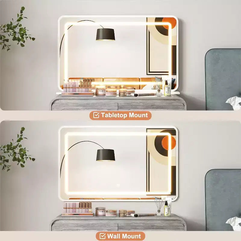 Coiffeuse avec miroir lumineux de 94 cm – 2 tiroirs et rangement de bureau, Gris