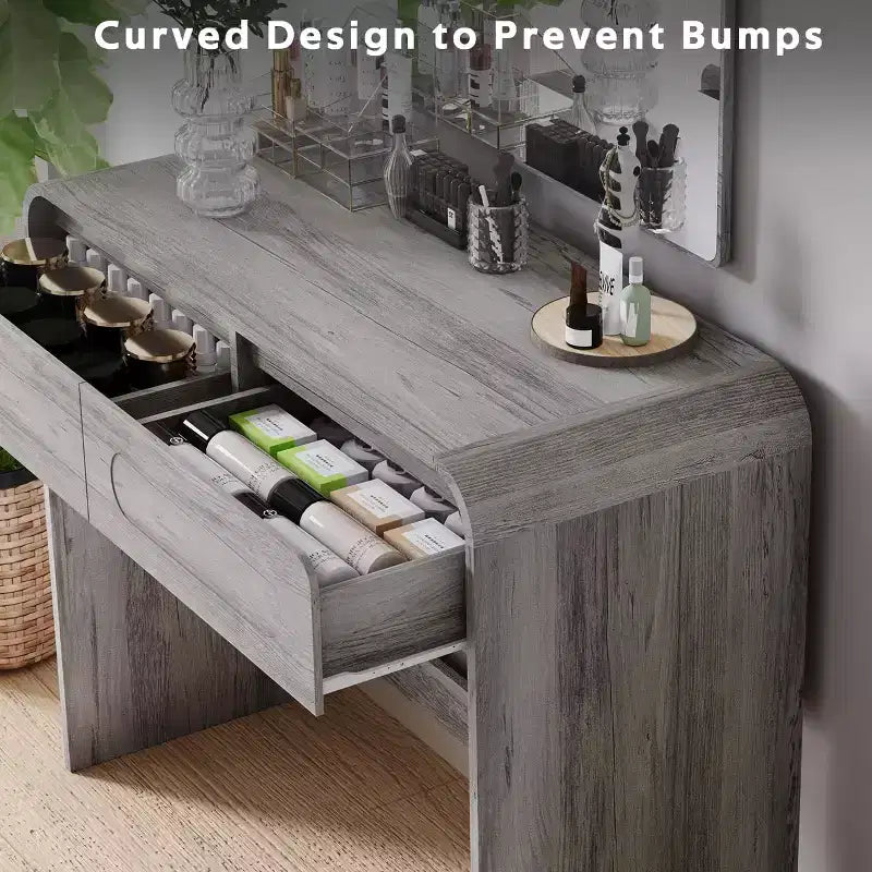Coiffeuse avec miroir lumineux de 94 cm – 2 tiroirs et rangement de bureau, Gris