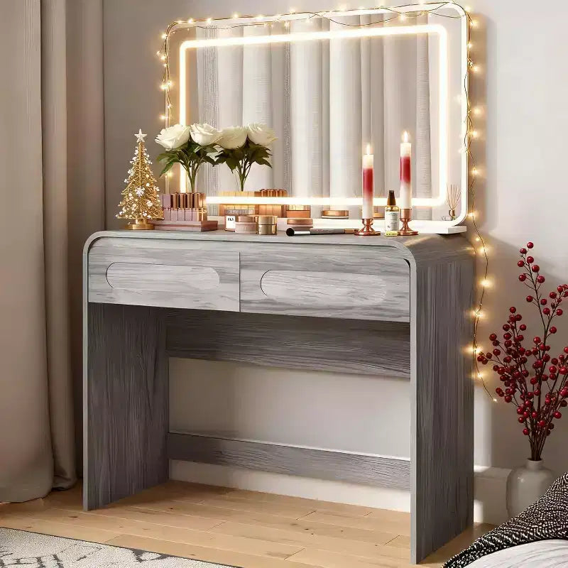 Coiffeuse avec miroir lumineux de 94 cm – 2 tiroirs et rangement de bureau, Gris