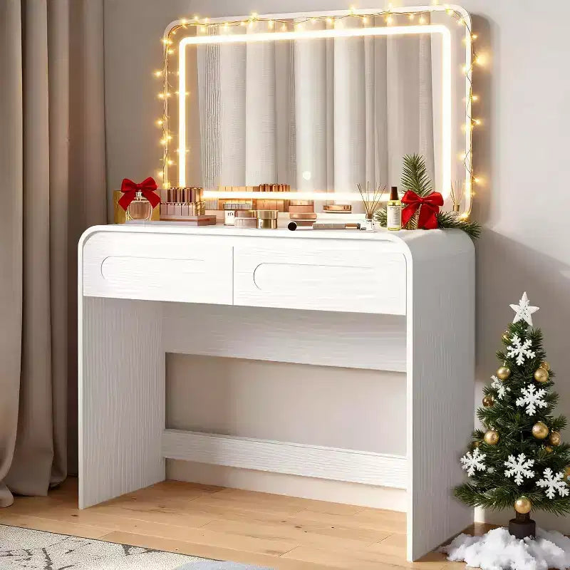 Coiffeuse avec miroir lumineux de 94 cm – 2 tiroirs et rangement de bureau, Gris