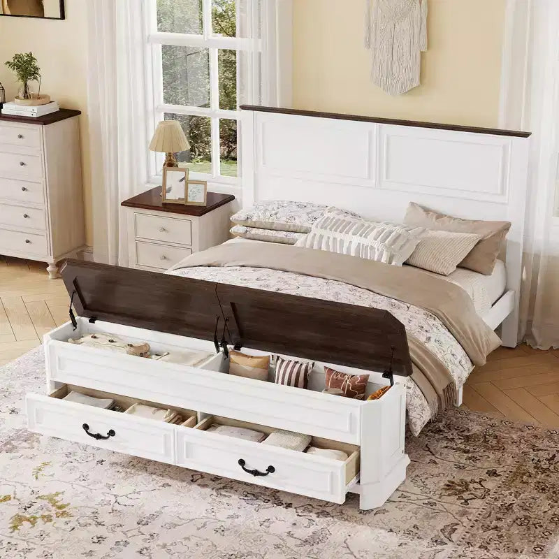Lit plate-forme queen de ferme – Tête de lit, banc de rangement au pied de lit et 2 tiroirs