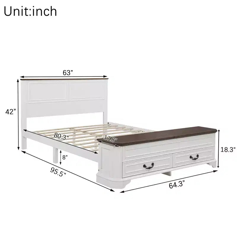 Lit plate-forme queen de ferme – Tête de lit, banc de rangement au pied de lit et 2 tiroirs