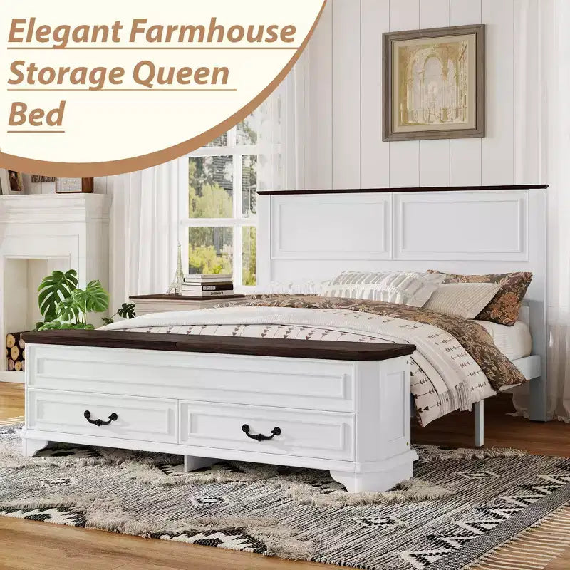 Lit plate-forme queen de ferme – Tête de lit, banc de rangement au pied de lit et 2 tiroirs