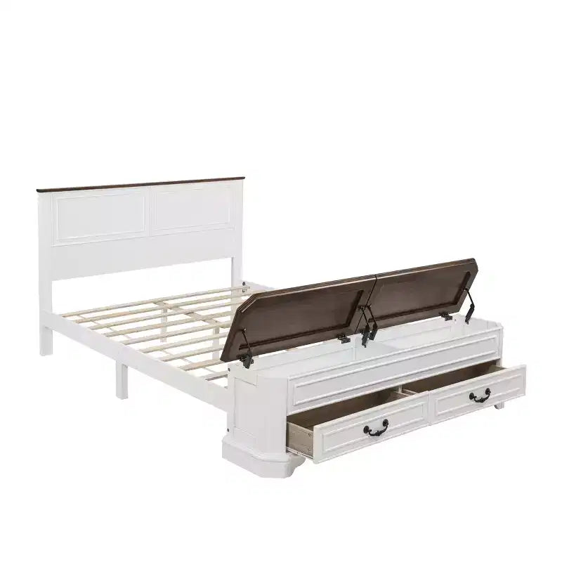 Lit plate-forme queen de ferme – Tête de lit, banc de rangement au pied de lit et 2 tiroirs