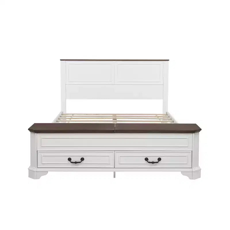 Lit plate-forme queen de ferme – Tête de lit, banc de rangement au pied de lit et 2 tiroirs