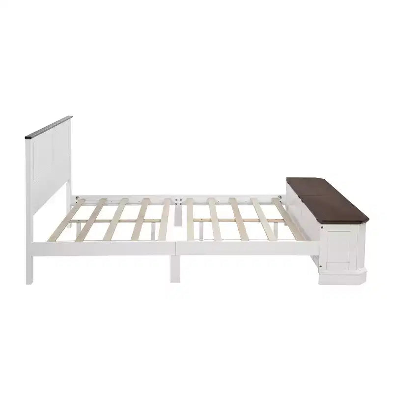 Lit plate-forme queen de ferme – Tête de lit, banc de rangement au pied de lit et 2 tiroirs