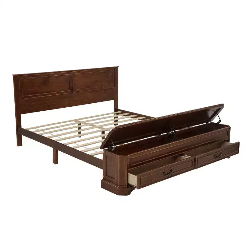 Lit plate-forme queen de ferme – Tête de lit, banc de rangement au pied de lit et 2 tiroirs