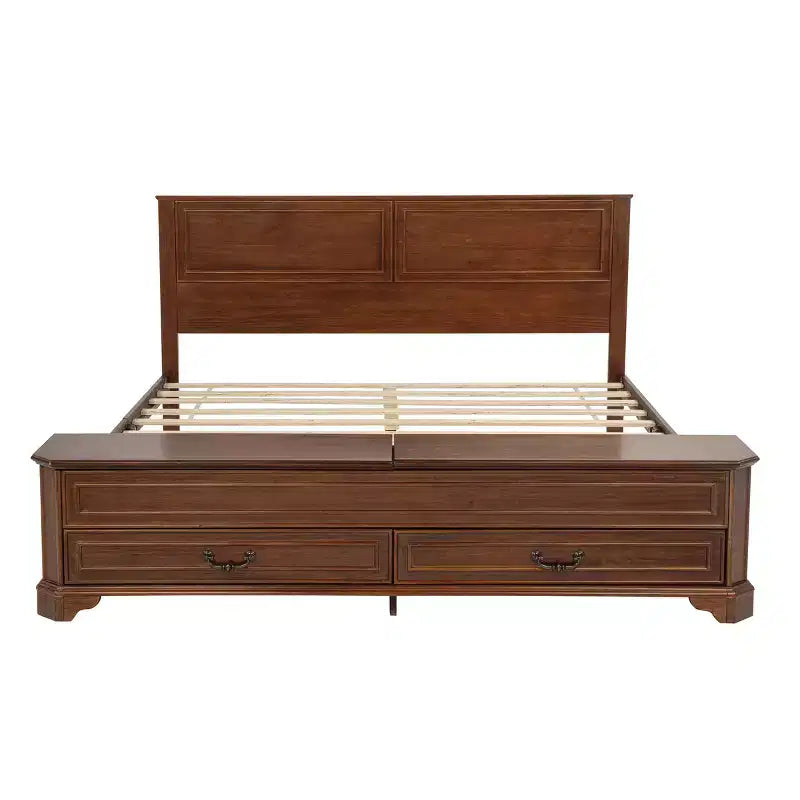 Lit plate-forme queen de ferme – Tête de lit, banc de rangement au pied de lit et 2 tiroirs