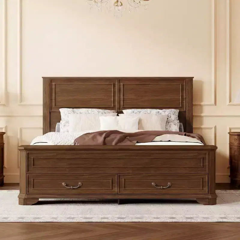 Farmhouse Queen Size Bed with Headboard, Pine Wood Platform Bed Frame with Bulit-in Footboard Storage Bench & 2 Drawers - ModernLuxe