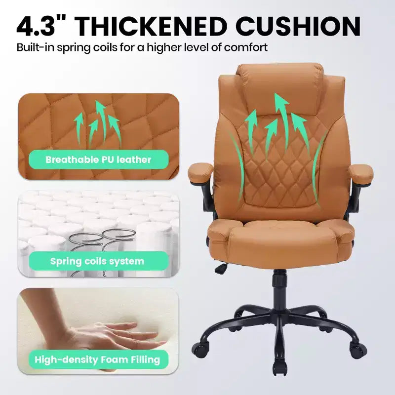 Fauteuil de bureau ergonomique robuste – 350 lb, cuir PU, support lombaire et accoudoirs relevables