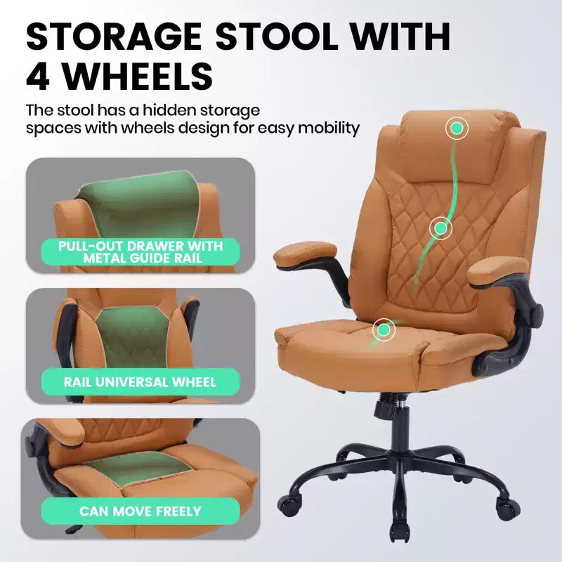 Fauteuil de bureau ergonomique robuste – 350 lb, cuir PU, support lombaire et accoudoirs relevables