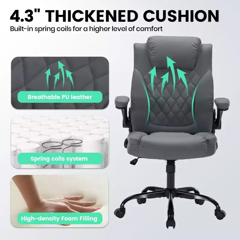 Fauteuil de bureau ergonomique robuste – 350 lb, cuir PU, support lombaire et accoudoirs relevables