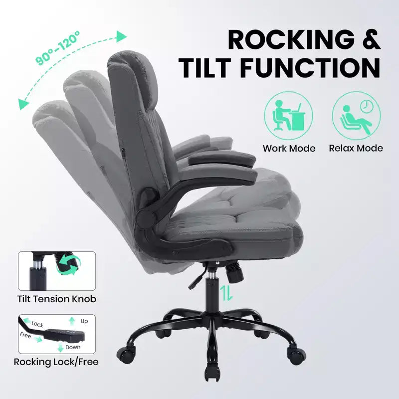 Fauteuil de bureau ergonomique robuste – 350 lb, cuir PU, support lombaire et accoudoirs relevables
