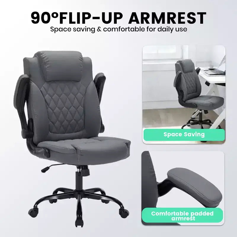 Fauteuil de bureau ergonomique robuste – 350 lb, cuir PU, support lombaire et accoudoirs relevables