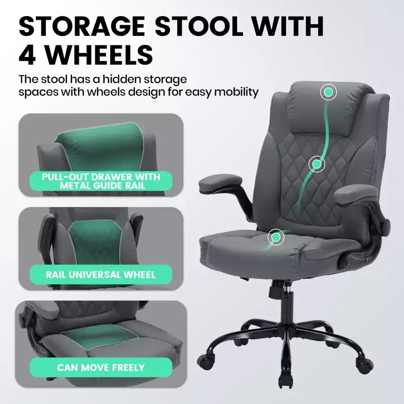 Fauteuil de bureau ergonomique robuste – 350 lb, cuir PU, support lombaire et accoudoirs relevables