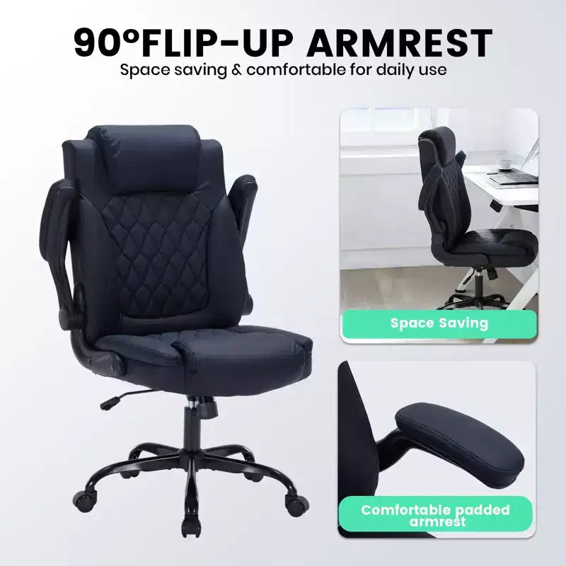 Fauteuil de bureau ergonomique robuste – 350 lb, cuir PU, support lombaire et accoudoirs relevables