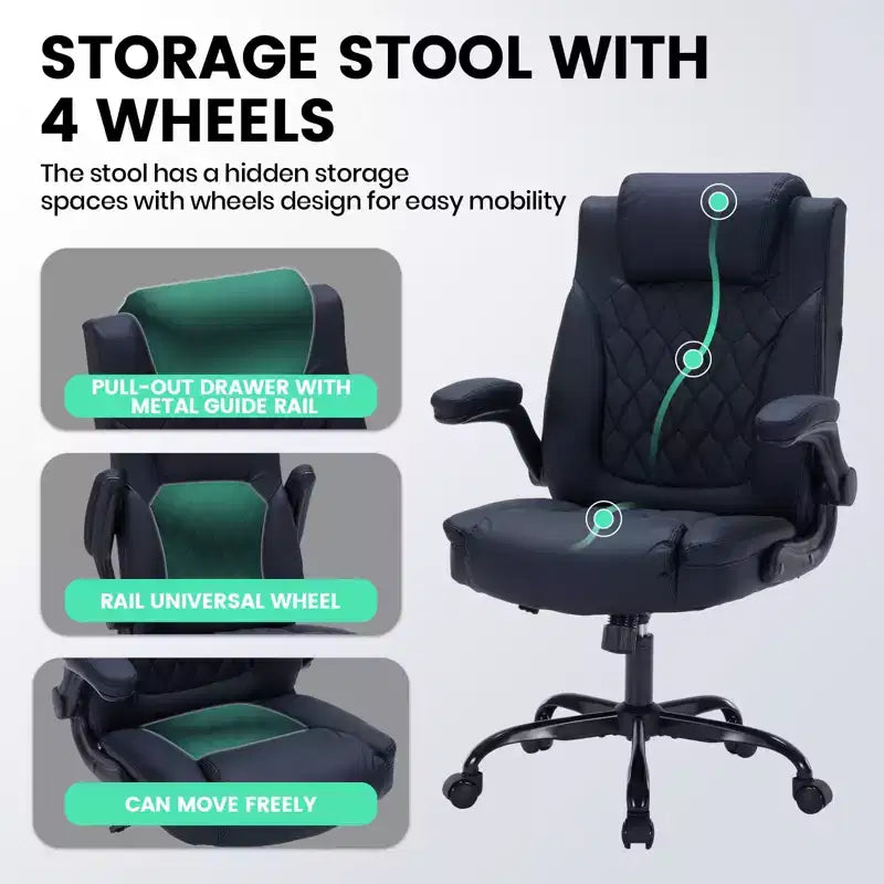 Fauteuil de bureau ergonomique robuste – 350 lb, cuir PU, support lombaire et accoudoirs relevables