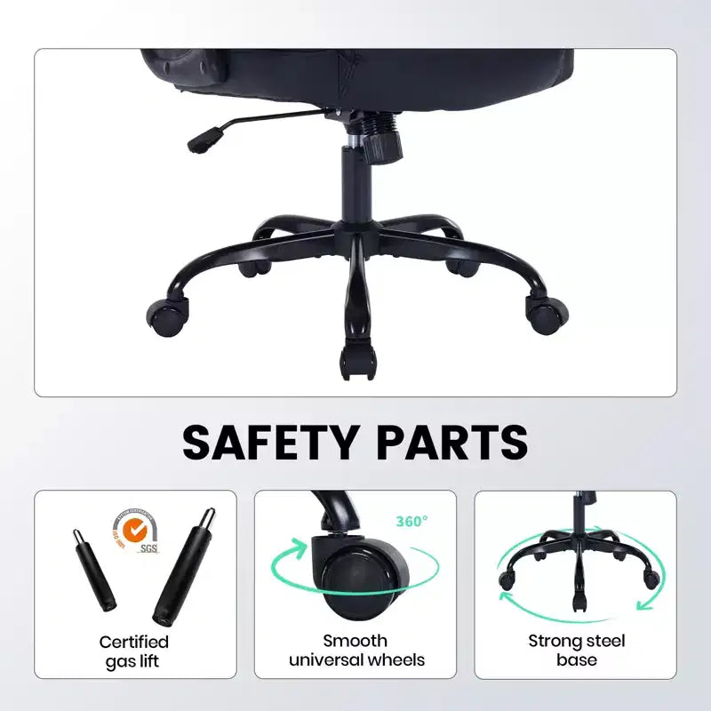 Fauteuil de bureau ergonomique robuste – 350 lb, cuir PU, support lombaire et accoudoirs relevables