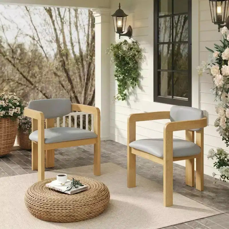 Lot de 2 chaises de salle à manger d'extérieur Whisen, chaises de salle à manger de patio avec accoudoirs, chaises de jardin modernes en bois d'acacia avec coussins, design ergonomique