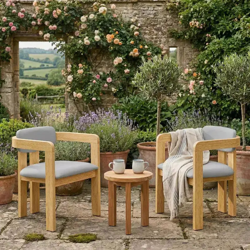 Lot de 2 chaises de salle à manger d'extérieur Whisen, chaises de salle à manger de patio avec accoudoirs, chaises de jardin modernes en bois d'acacia avec coussins, design ergonomique