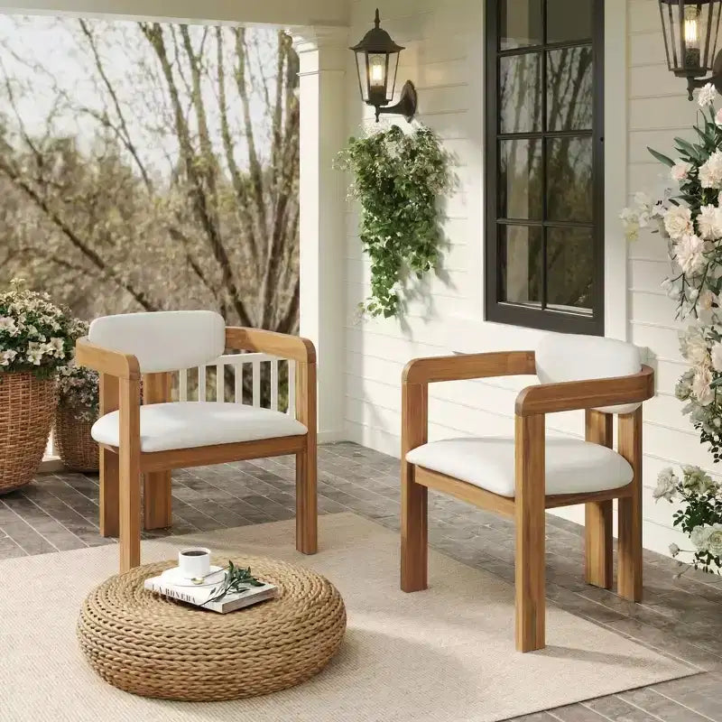 Lot de 2 chaises de salle à manger d'extérieur Whisen, chaises de salle à manger de patio avec accoudoirs, chaises de jardin modernes en bois d'acacia avec coussins, design ergonomique