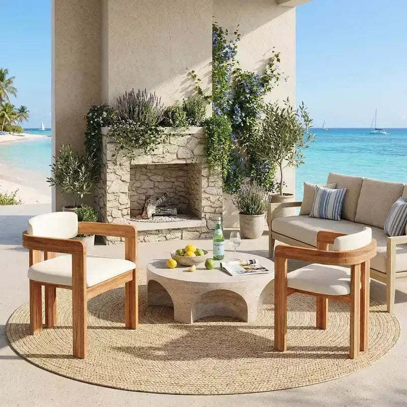 Lot de 2 chaises de salle à manger d'extérieur Whisen, chaises de salle à manger de patio avec accoudoirs, chaises de jardin modernes en bois d'acacia avec coussins, design ergonomique
