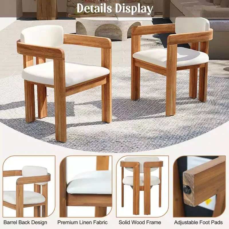 Lot de 2 chaises de salle à manger d'extérieur Whisen, chaises de salle à manger de patio avec accoudoirs, chaises de jardin modernes en bois d'acacia avec coussins, design ergonomique