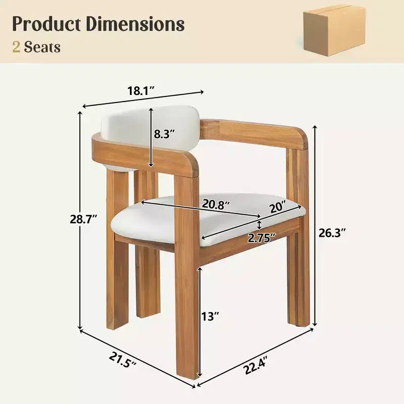 Lot de 2 chaises de salle à manger d'extérieur Whisen, chaises de salle à manger de patio avec accoudoirs, chaises de jardin modernes en bois d'acacia avec coussins, design ergonomique