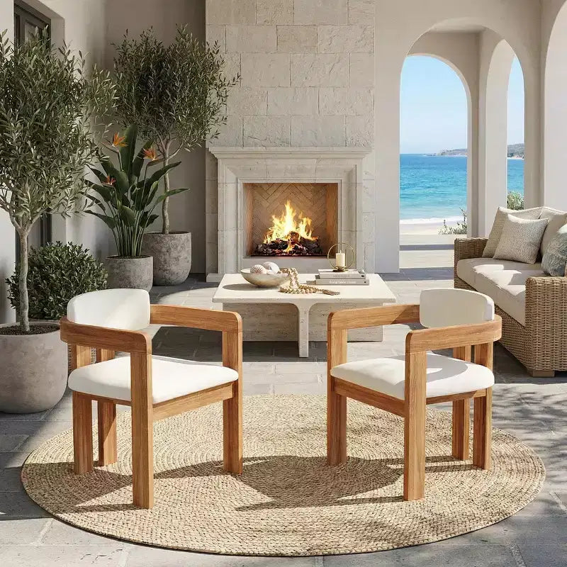 Whisen Outdoor Dining Chair Set of 2, Patio Dining Armrest Chair, Modern Acacia Wood Garden Chairs with Cushions, Ergonomic Design
