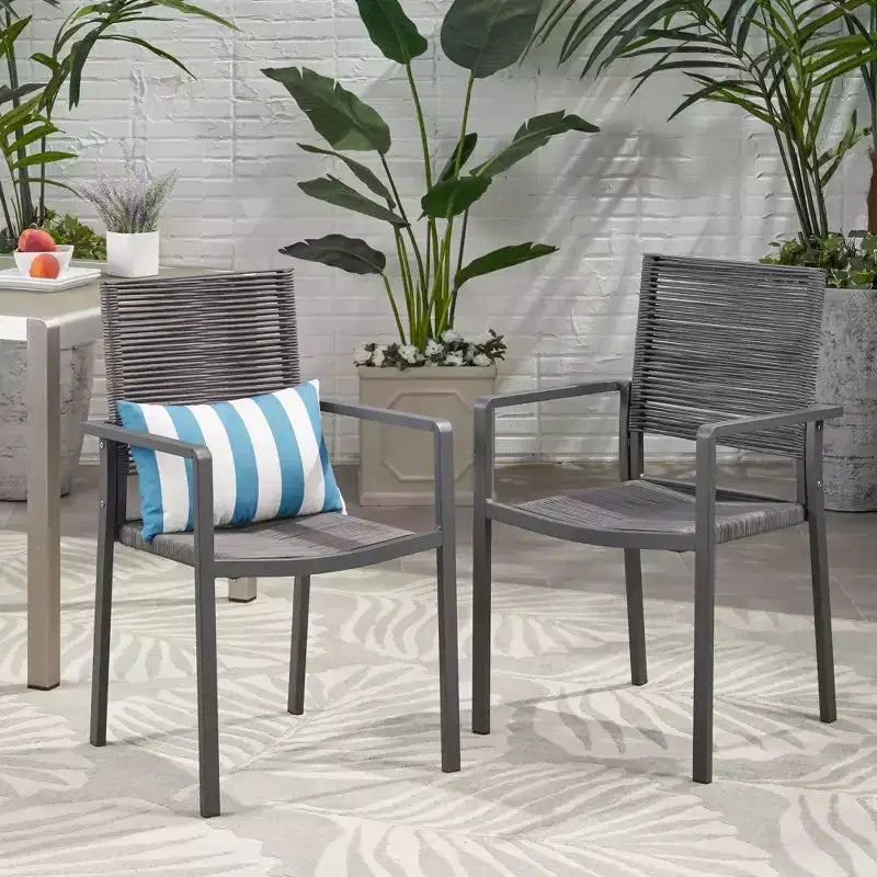 Ensemble de 2 chaises de salle à manger d'extérieur en corde et aluminium, gris foncé, fauteuils de patio pour piscine et jardin