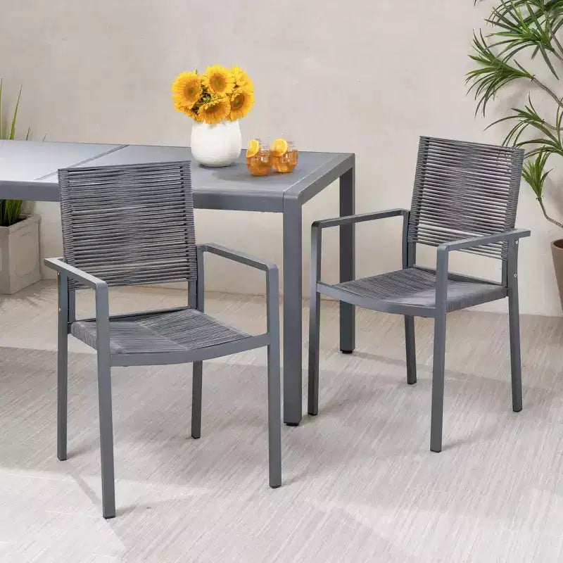 Ensemble de 2 chaises de salle à manger d'extérieur en corde et aluminium, gris foncé, fauteuils de patio pour piscine et jardin