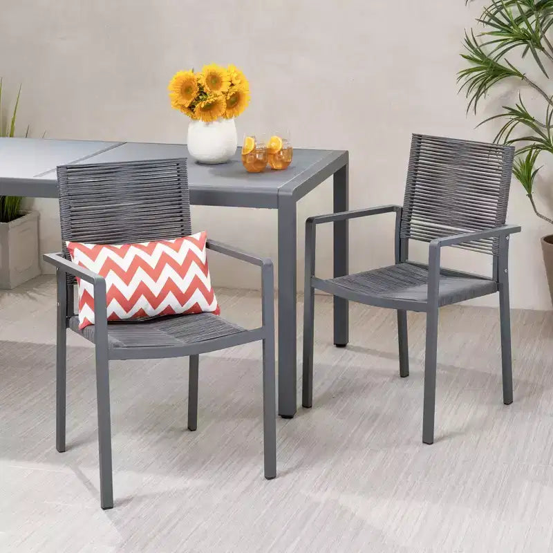 Ensemble de 2 chaises de salle à manger d'extérieur en corde et aluminium, gris foncé, fauteuils de patio pour piscine et jardin