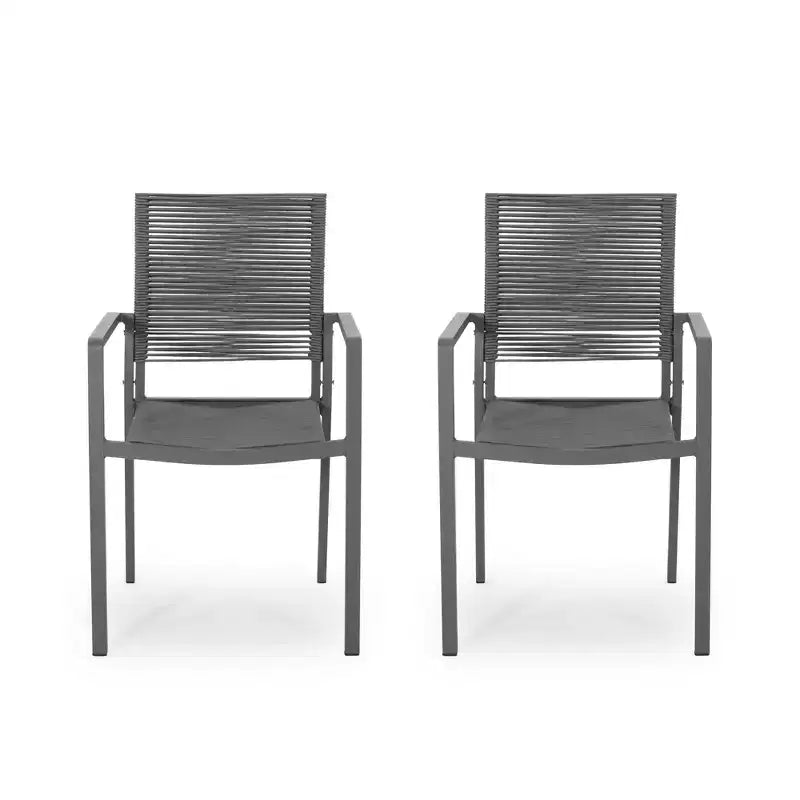 Ensemble de 2 chaises de salle à manger d'extérieur en corde et aluminium, gris foncé, fauteuils de patio pour piscine et jardin