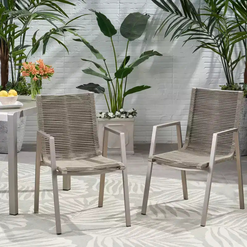 Set of 2 Outdoor Aluminum Rope Dining Chairs, Silver & Taupe, Patio Armchairs for Backyard Poolside