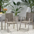 Set of 2 Outdoor Aluminum Rope Dining Chairs, Silver & Taupe, Patio Armchairs for Backyard Poolside