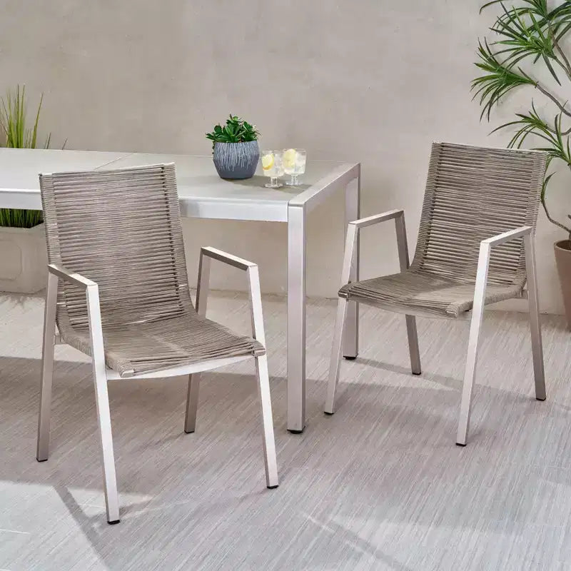 Lot de 2 chaises de salle à manger d'extérieur en corde d'aluminium, argent et taupe, fauteuils de patio pour bord de piscine de jardin