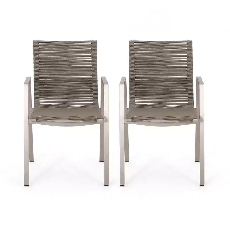 Lot de 2 chaises de salle à manger d'extérieur en corde d'aluminium, argent et taupe, fauteuils de patio pour bord de piscine de jardin
