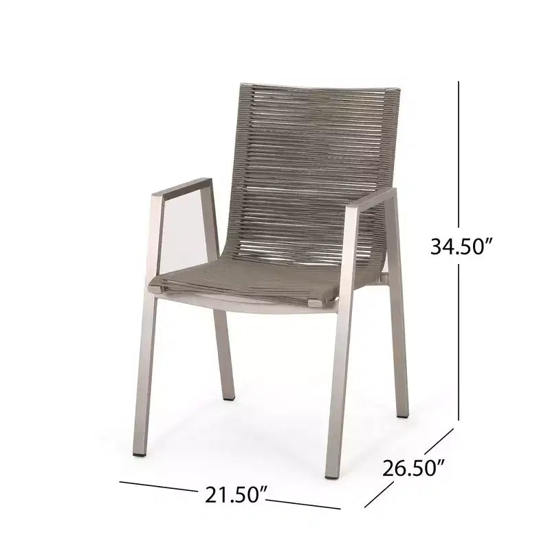 Lot de 2 chaises de salle à manger d'extérieur en corde d'aluminium, argent et taupe, fauteuils de patio pour bord de piscine de jardin