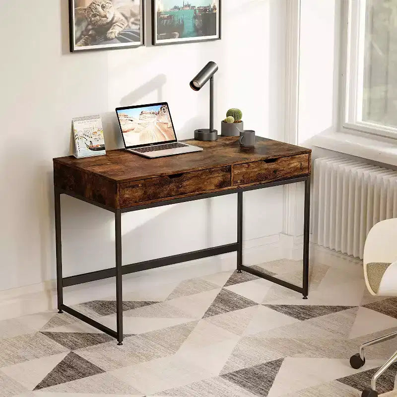Petit bureau rectangulaire – 2 grands tiroirs, marron rustique