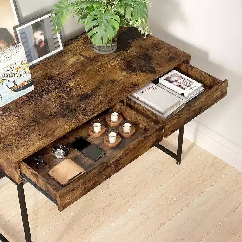 Petit bureau rectangulaire – 2 grands tiroirs, marron rustique